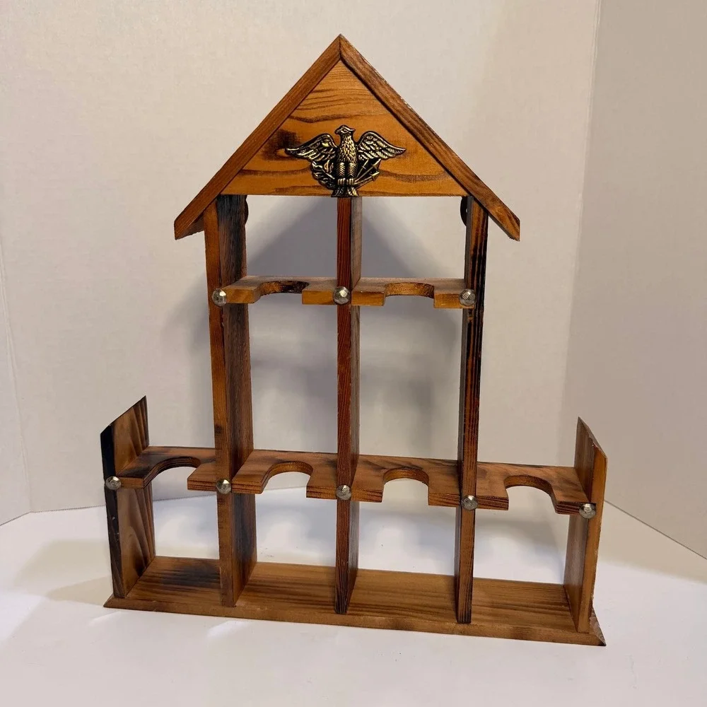 Vintage Wooden House Shape Trinket Shelf Kitschy Brass Eagle Americana Rustic